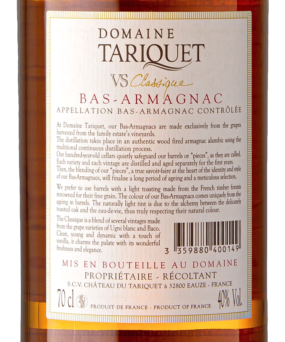 Classique VS 40,0% Châtau du Tariquet Bas-Armagnac AOC  - Domaine Tariquet